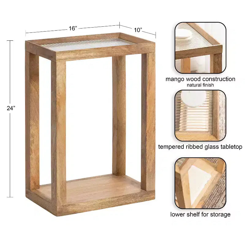 Table d'appoint rectangulaire, cadre en bois avec plateau en verre nervuré, 1 pièce