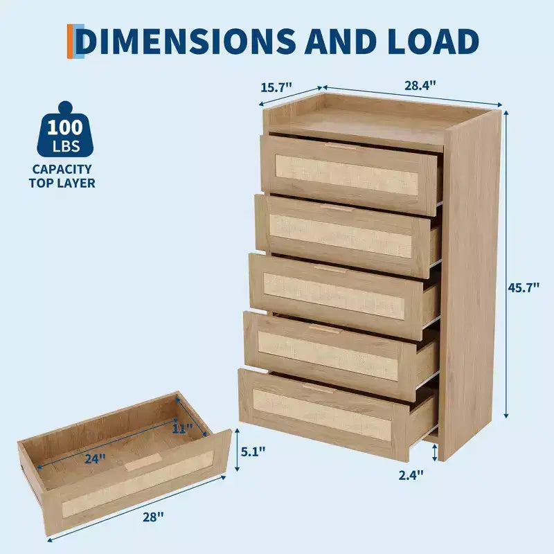 Commode 5 tiroirs en rotin Chêne foncé / Chêne clair, armoire de rangement tressée de 117 cm de haut, simple