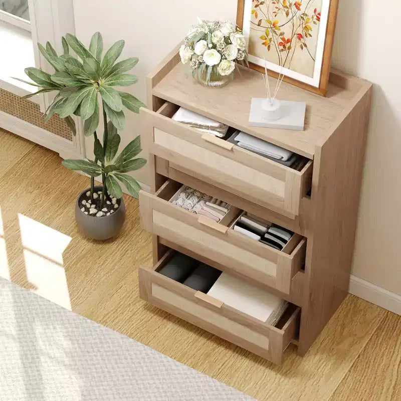 Commode 5 tiroirs en rotin Chêne foncé / Chêne clair, armoire de rangement tressée de 117 cm de haut, simple