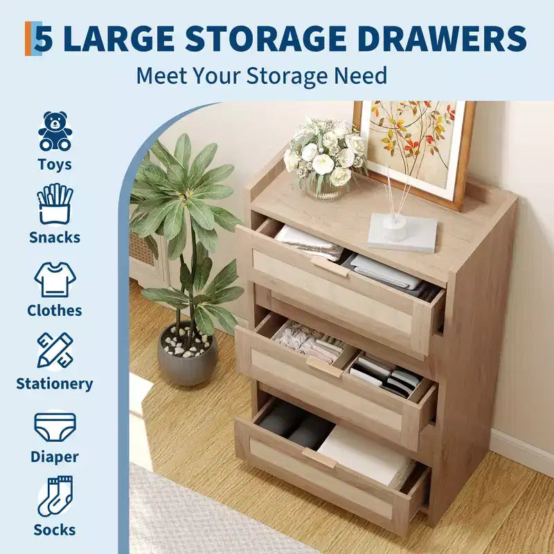 Commode 5 tiroirs en rotin Chêne foncé / Chêne clair, armoire de rangement tressée de 117 cm de haut, simple