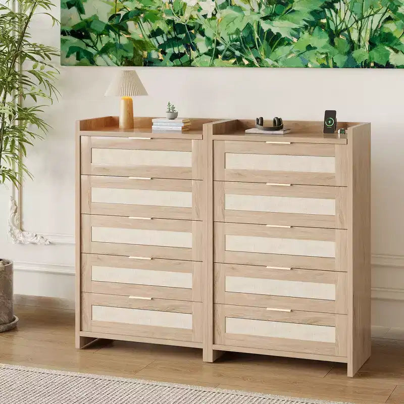 Commode 5 tiroirs en rotin Chêne foncé / Chêne clair, armoire de rangement tressée de 117 cm de haut, simple