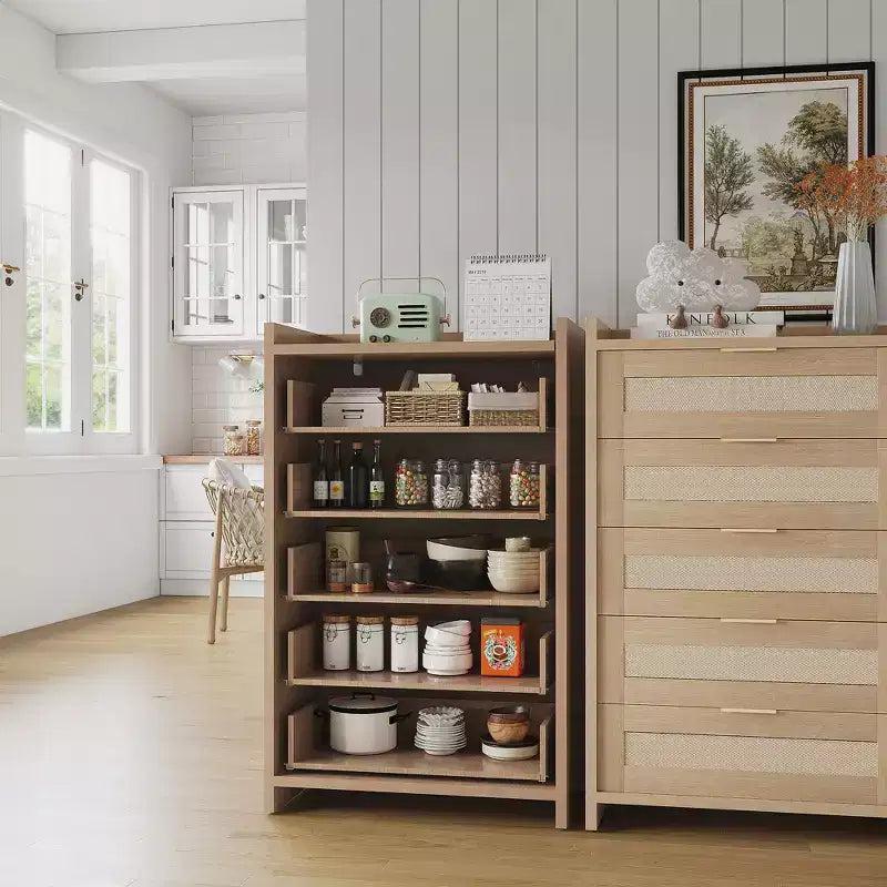 Commode 5 tiroirs en rotin Chêne foncé / Chêne clair, armoire de rangement tressée de 117 cm de haut, simple