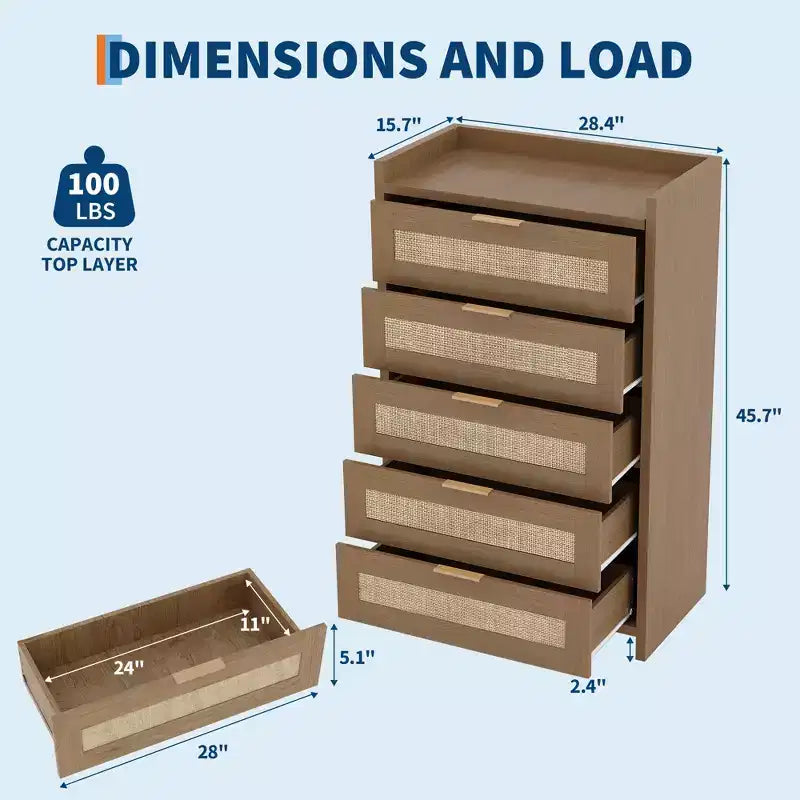 Commode 5 tiroirs en rotin Chêne foncé / Chêne clair, armoire de rangement tressée de 117 cm de haut, simple