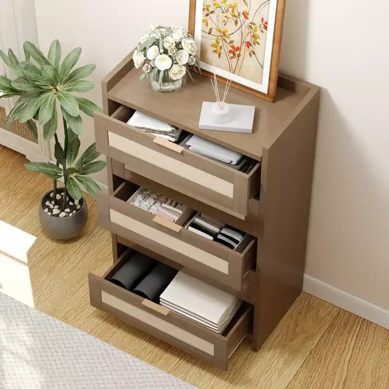 Commode 5 tiroirs en rotin Chêne foncé / Chêne clair, armoire de rangement tressée de 117 cm de haut, simple