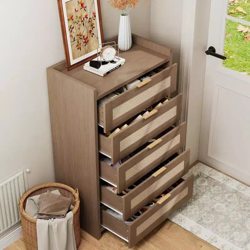 Commode 5 tiroirs en rotin Chêne foncé / Chêne clair, armoire de rangement tressée de 117 cm de haut, simple