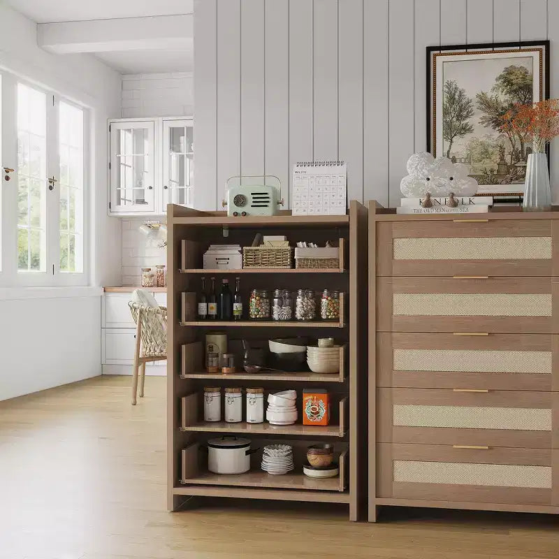 Commode 5 tiroirs en rotin Chêne foncé / Chêne clair, armoire de rangement tressée de 117 cm de haut, simple