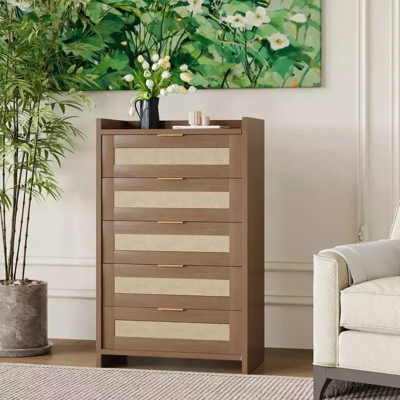 Bohemian Rattan 5-Drawer Dresser, 46 Tall Woven Storage Cabinet, Night Stand Clothes Storage Cabinet