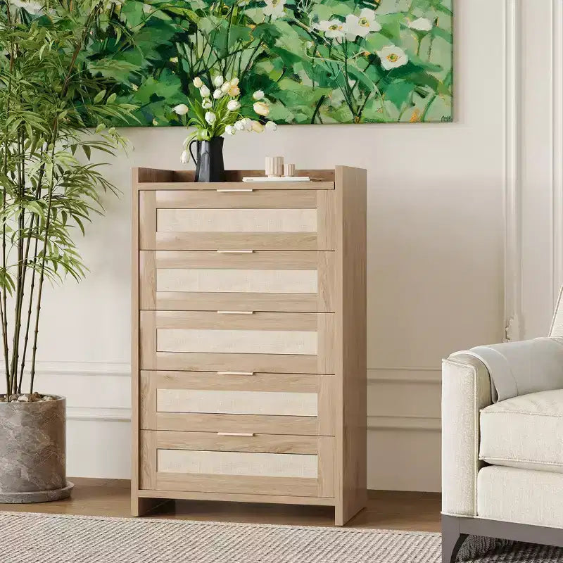 Commode 5 tiroirs en rotin Chêne foncé / Chêne clair, armoire de rangement tressée de 117 cm de haut, simple