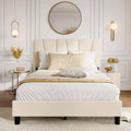 Bed Frame, Upholstered Full Size with Adjustable Headboard - Velvet Tufted Platform Bedframe, No Box Spring Needed, Beige