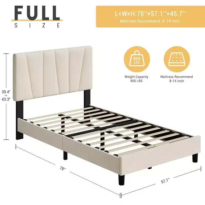 Cadre de lit plateforme pleine grandeur en velours beige avec tête de lit réglable, pour 2 personnes