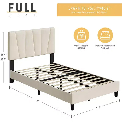 Cadre de lit plateforme pleine grandeur en velours beige avec tête de lit réglable, pour 2 personnes