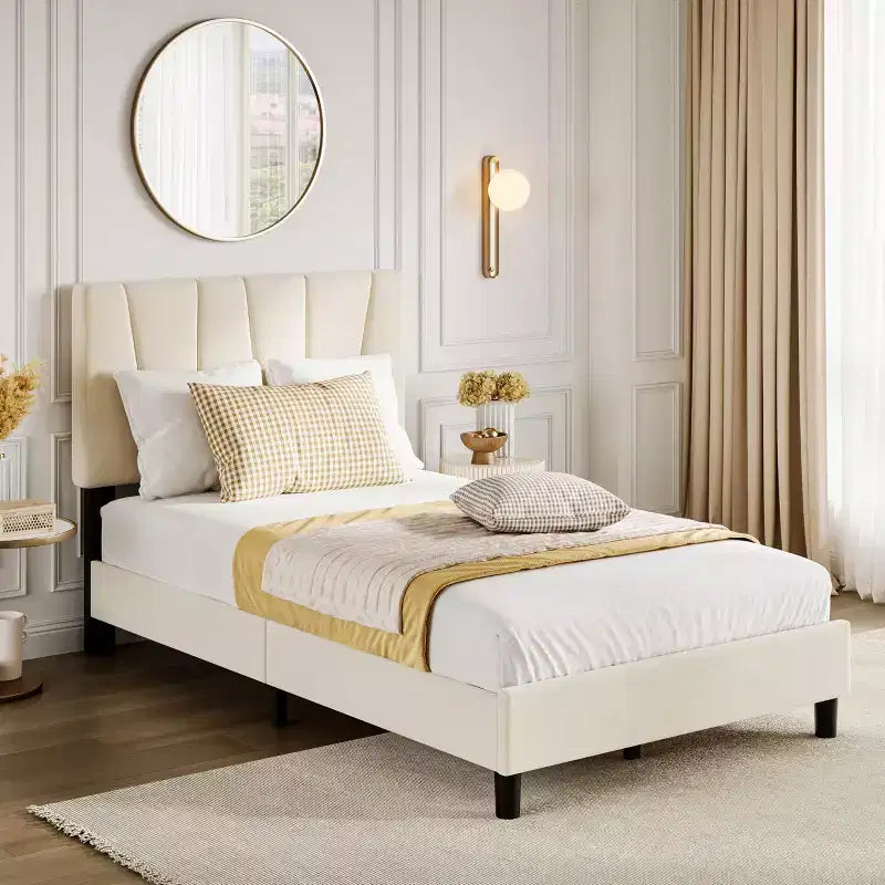 Cadre de lit plateforme pleine grandeur en velours beige avec tête de lit réglable, pour 2 personnes