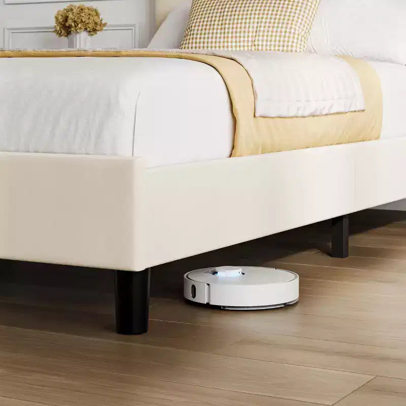 Cadre de lit plateforme pleine grandeur en velours beige avec tête de lit réglable, pour 2 personnes