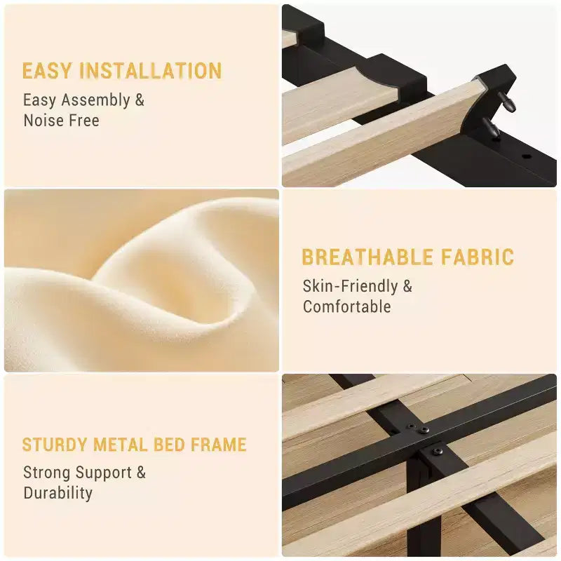 Cadre de lit plateforme pleine grandeur en velours beige avec tête de lit réglable, pour 2 personnes