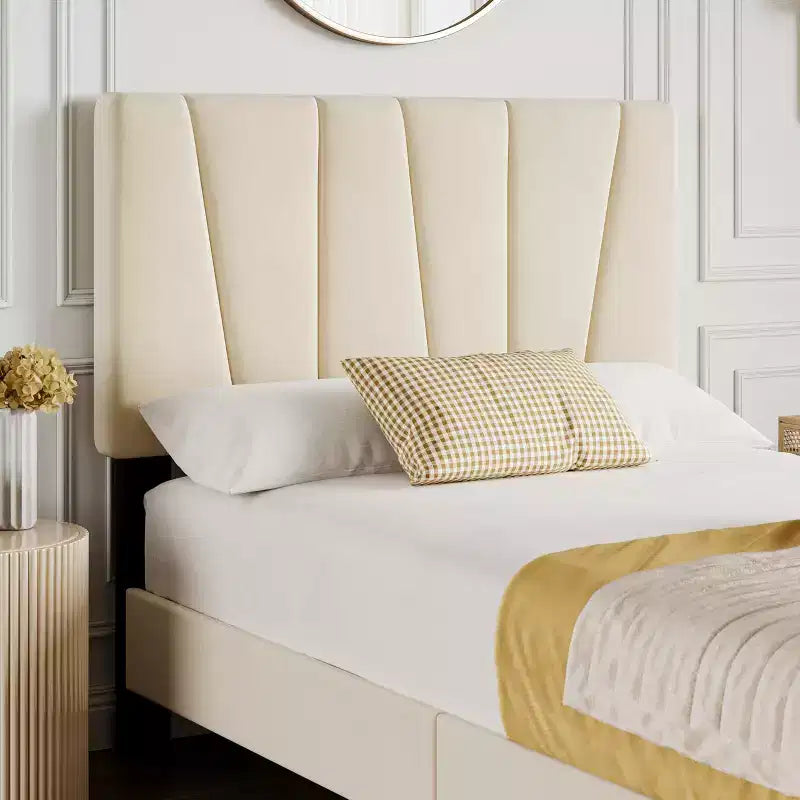 Cadre de lit plateforme pleine grandeur en velours beige avec tête de lit réglable, pour 2 personnes