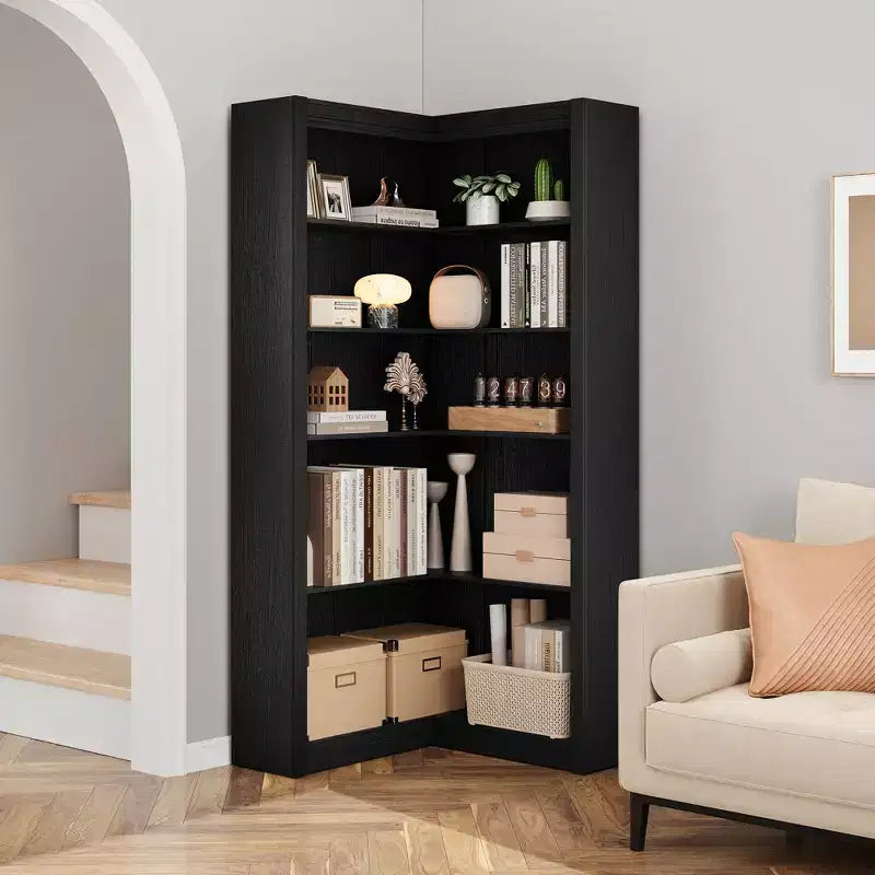 Bibliothèque d'angle à 5 niveaux, en L, noir/bois, 182,4 cm de haut, 1 personne