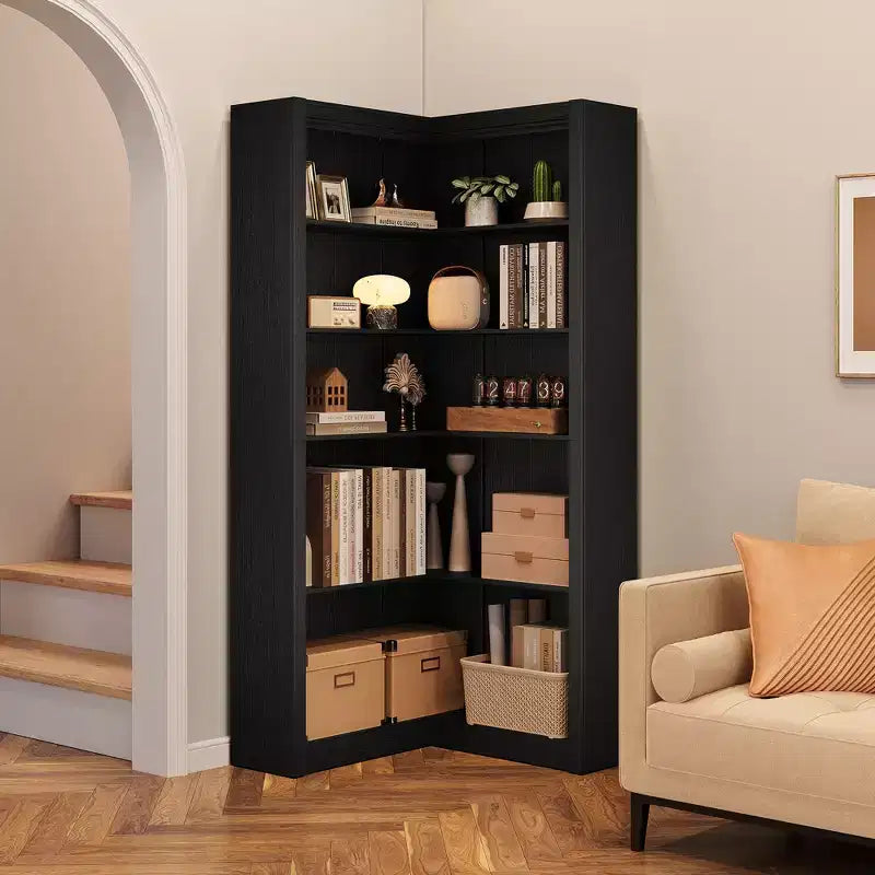 Bibliothèque d'angle à 5 niveaux, en L, noir/bois, 182,4 cm de haut, 1 personne