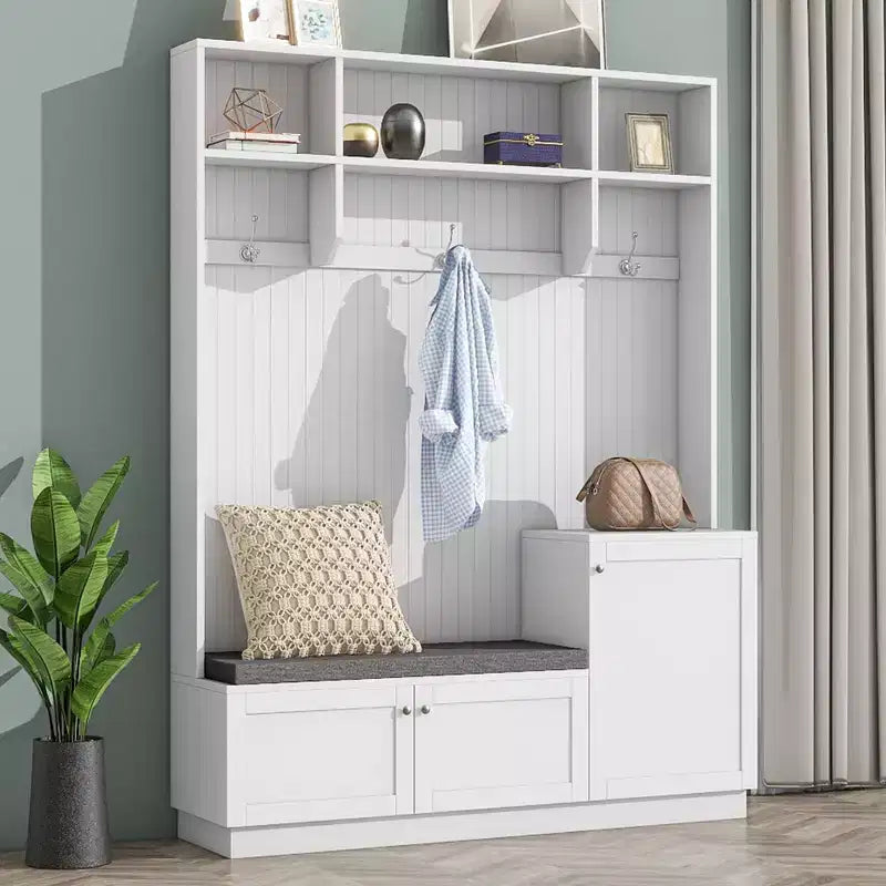 Meuble d'entrée avec banc rembourré, 3 patères et placards de rangement – 1 personne