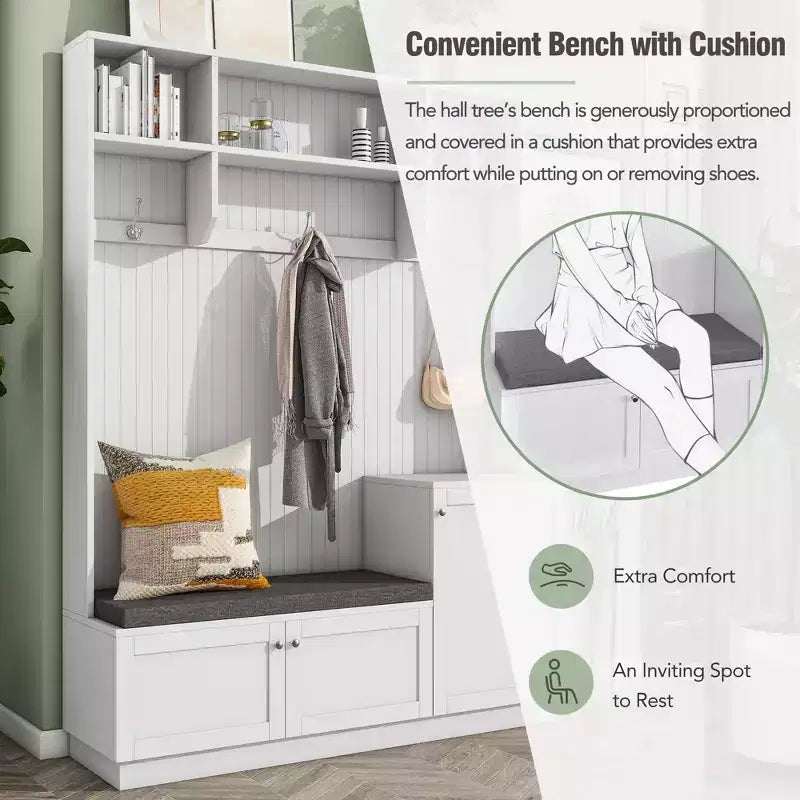 Meuble d'entrée avec banc rembourré, 3 patères et placards de rangement – 1 personne