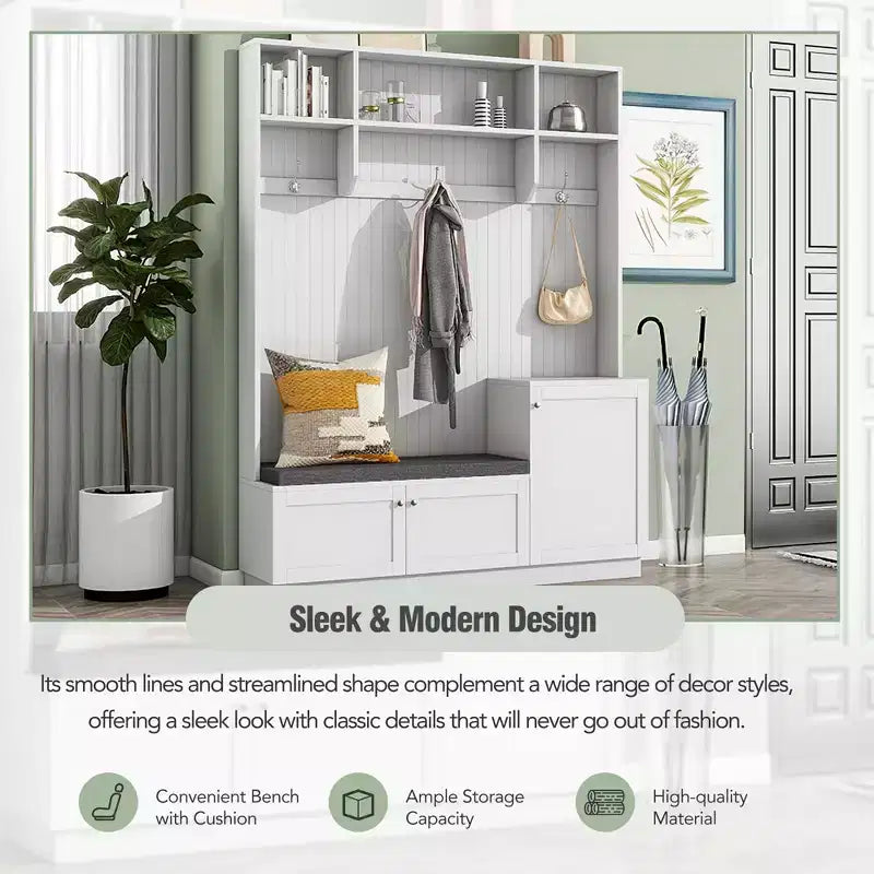 Meuble d'entrée avec banc rembourré, 3 patères et placards de rangement – 1 personne