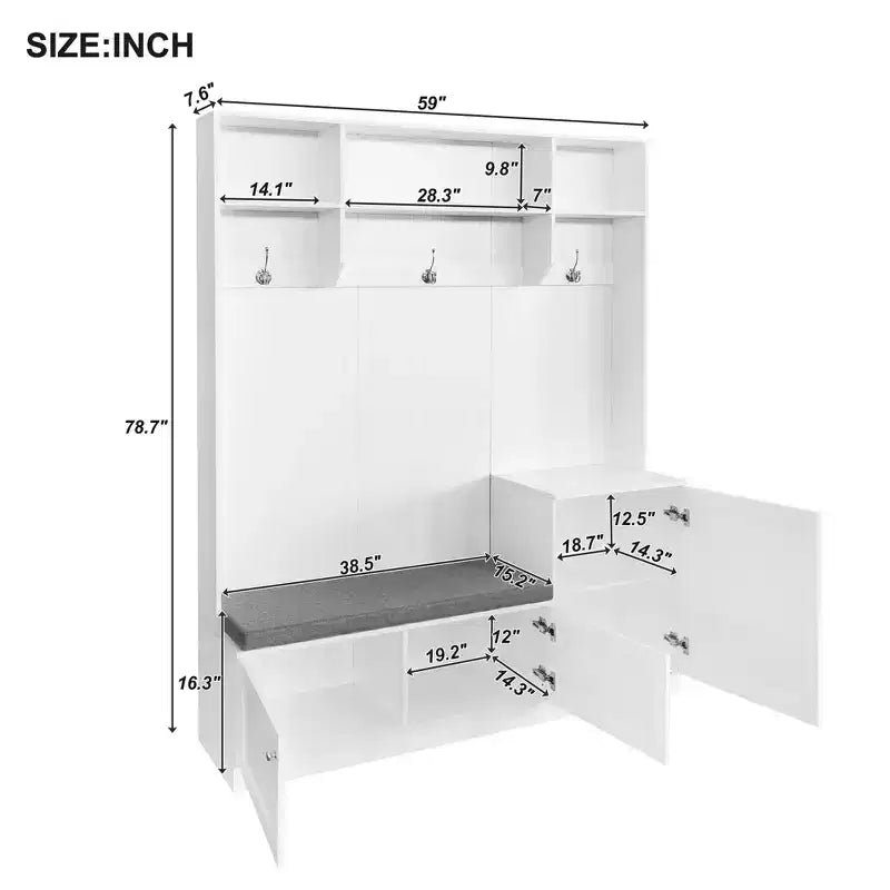 Meuble d'entrée avec banc rembourré, 3 patères et placards de rangement – 1 personne