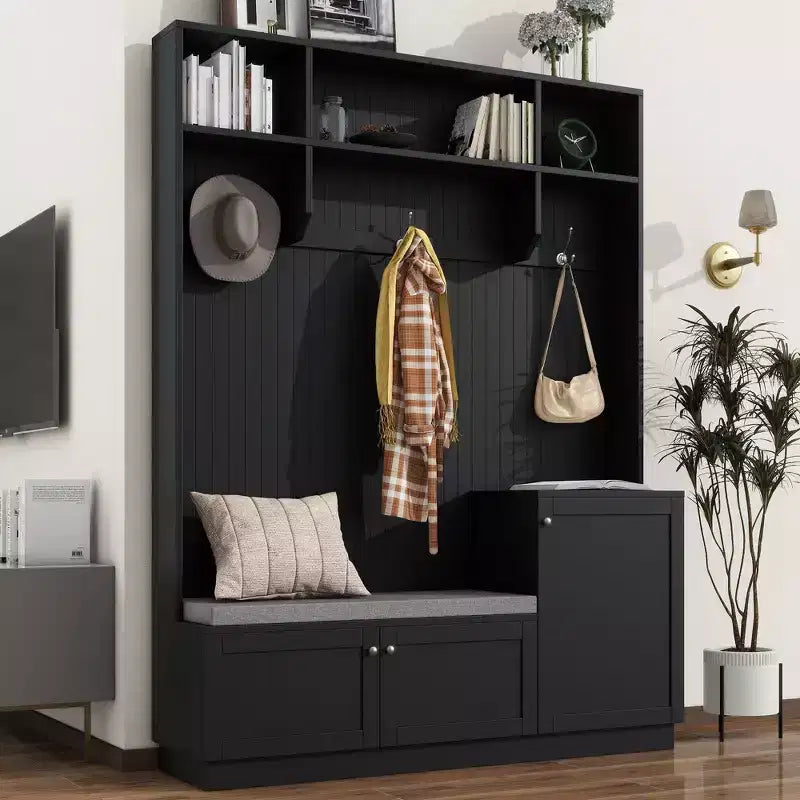 Meuble d'entrée avec banc rembourré, 3 patères et placards de rangement – 1 personne