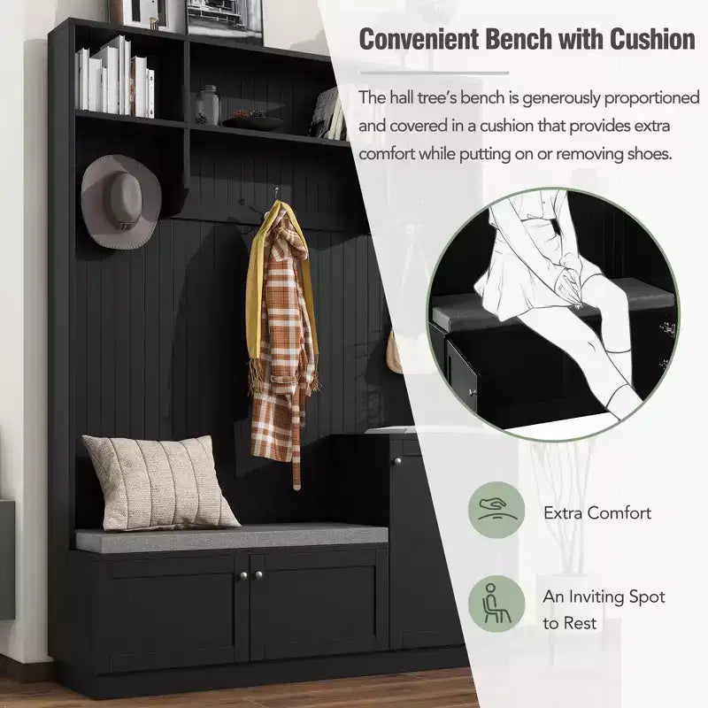 Meuble d'entrée avec banc rembourré, 3 patères et placards de rangement – 1 personne