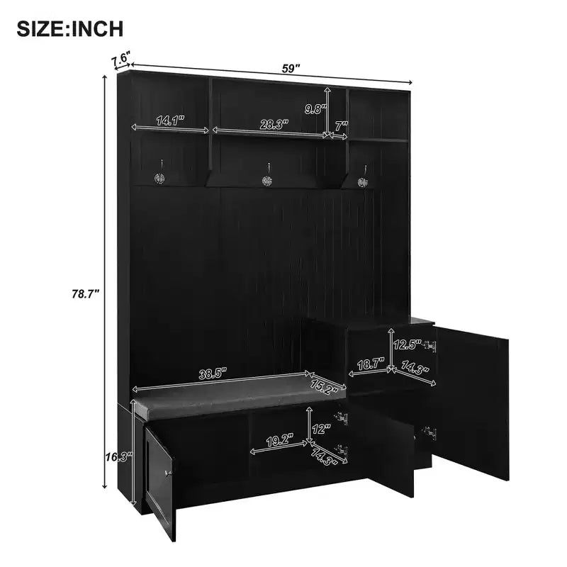 Meuble d'entrée avec banc rembourré, 3 patères et placards de rangement – 1 personne