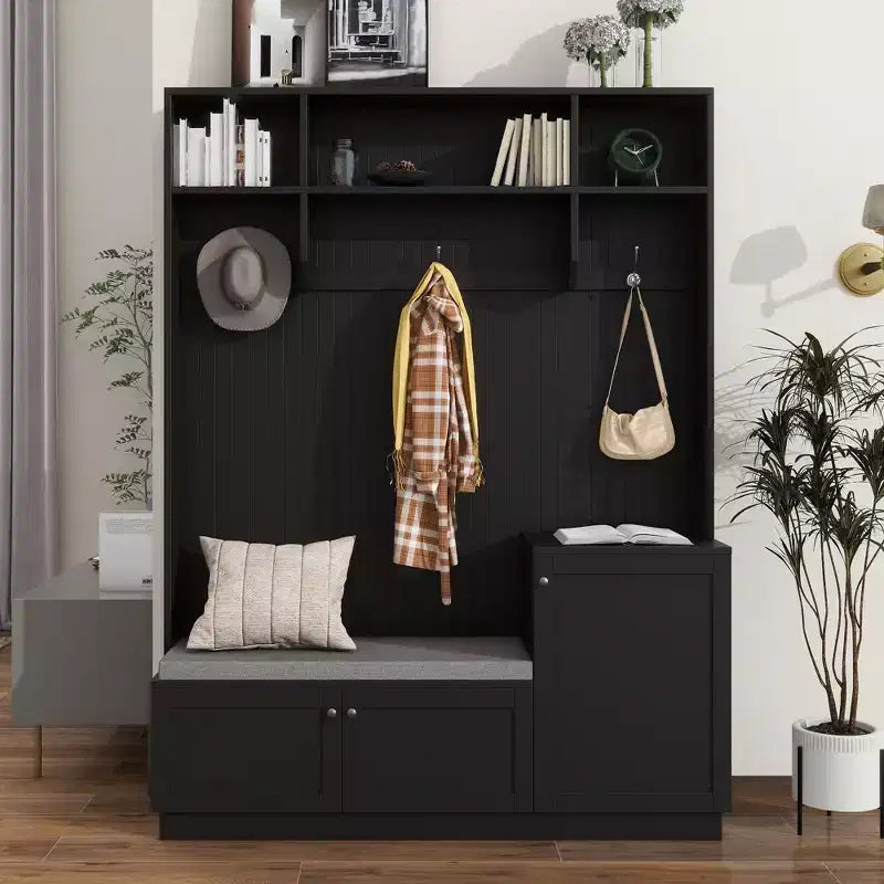 Meuble d'entrée avec banc rembourré, 3 patères et placards de rangement – 1 personne