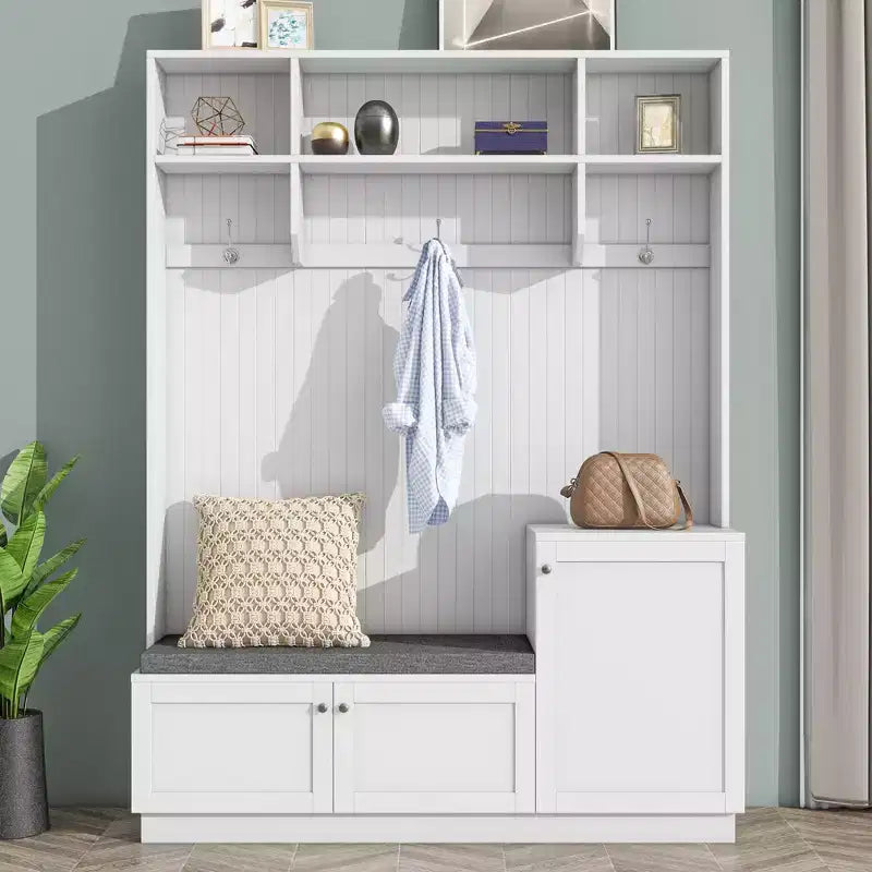 CLIHOME Elegant Design Hall Tree Coat Rack with Hooks , Functional Hallway Shoe Cabinet with Bench Cushion
