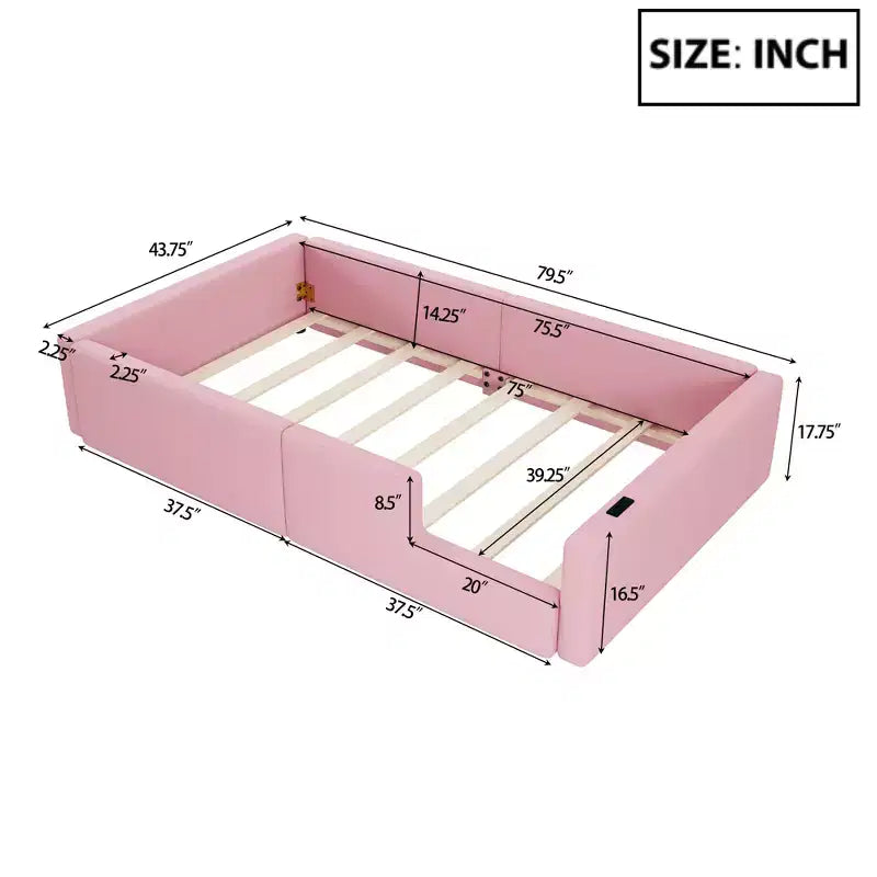 Lit plateforme jumeau rembourré rose/blanc avec garde-corps et station de recharge, 1 personne