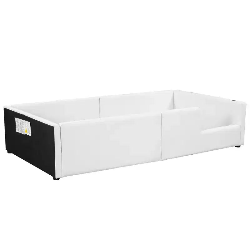 Lit plateforme jumeau rembourré rose/blanc avec garde-corps et station de recharge, 1 personne