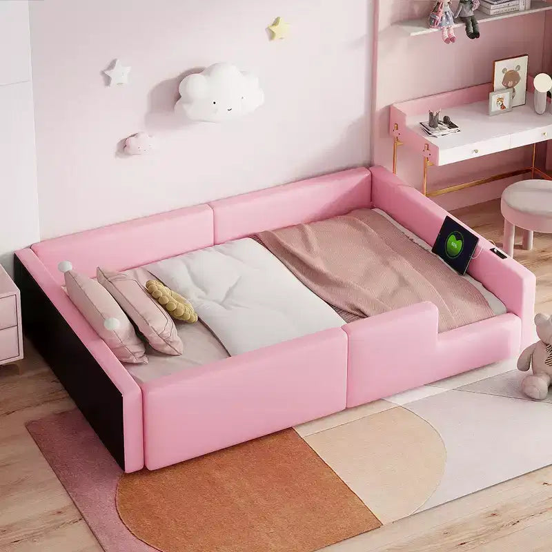 Lit plateforme jumeau rembourré rose/blanc avec garde-corps et station de recharge, 1 personne