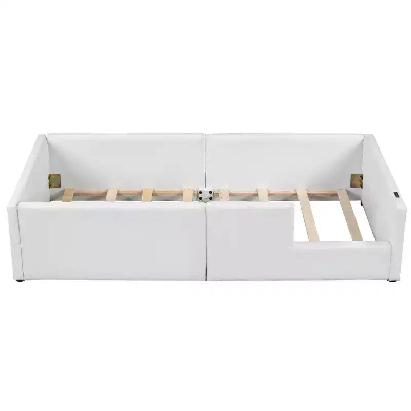 Lit plateforme jumeau rembourré rose/blanc avec garde-corps et station de recharge, 1 personne