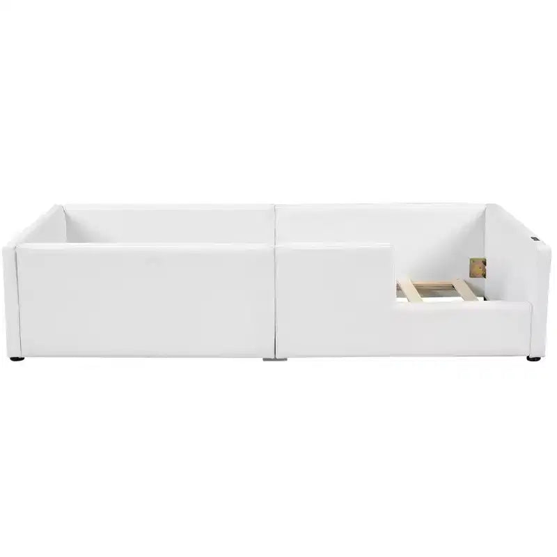 Lit plateforme jumeau rembourré rose/blanc avec garde-corps et station de recharge, 1 personne
