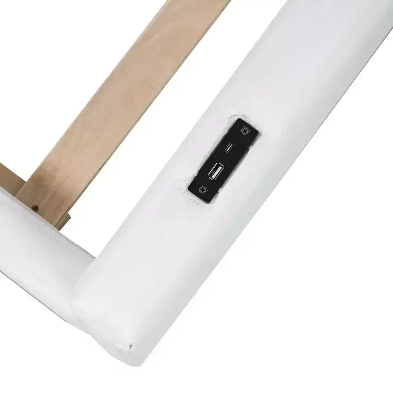 Lit plateforme jumeau rembourré rose/blanc avec garde-corps et station de recharge, 1 personne