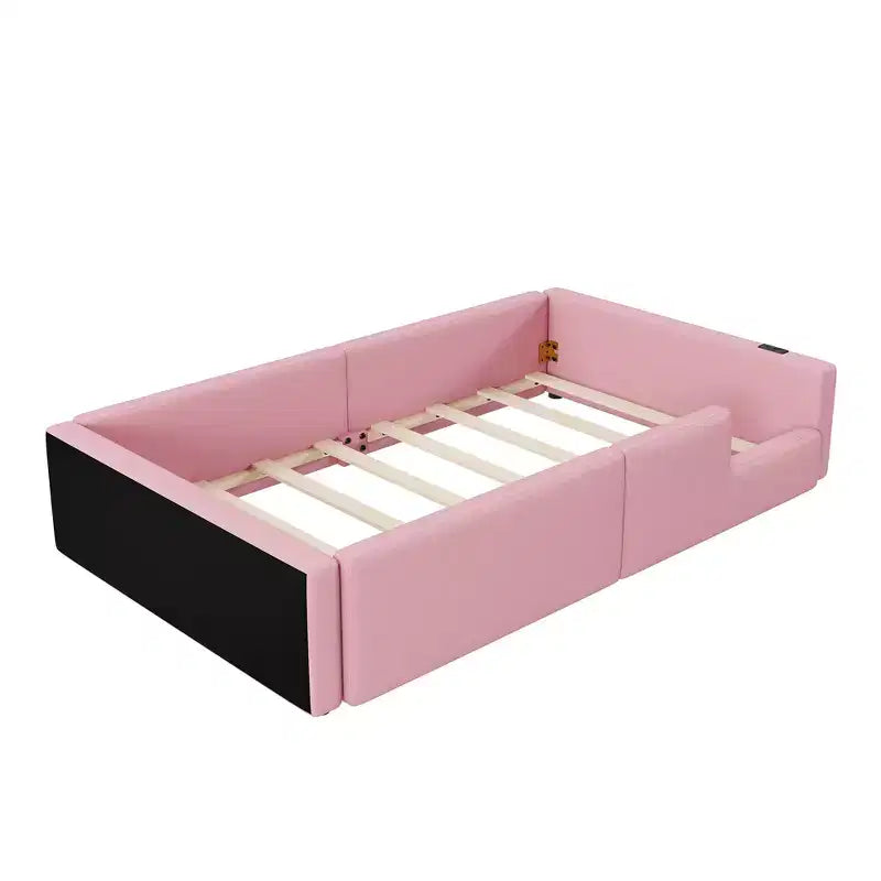 Lit plateforme jumeau rembourré rose/blanc avec garde-corps et station de recharge, 1 personne