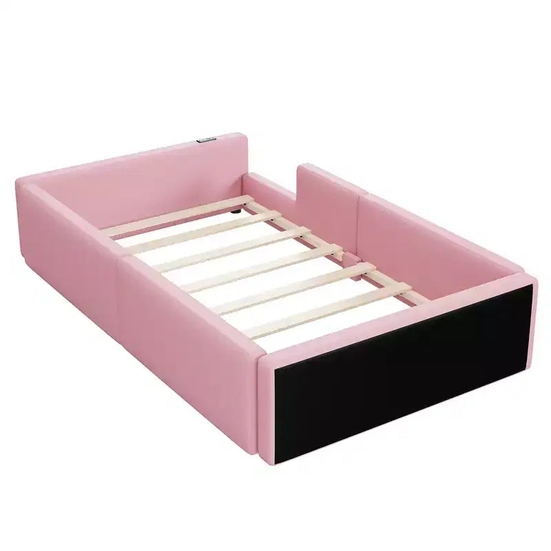 Lit plateforme jumeau rembourré rose/blanc avec garde-corps et station de recharge, 1 personne