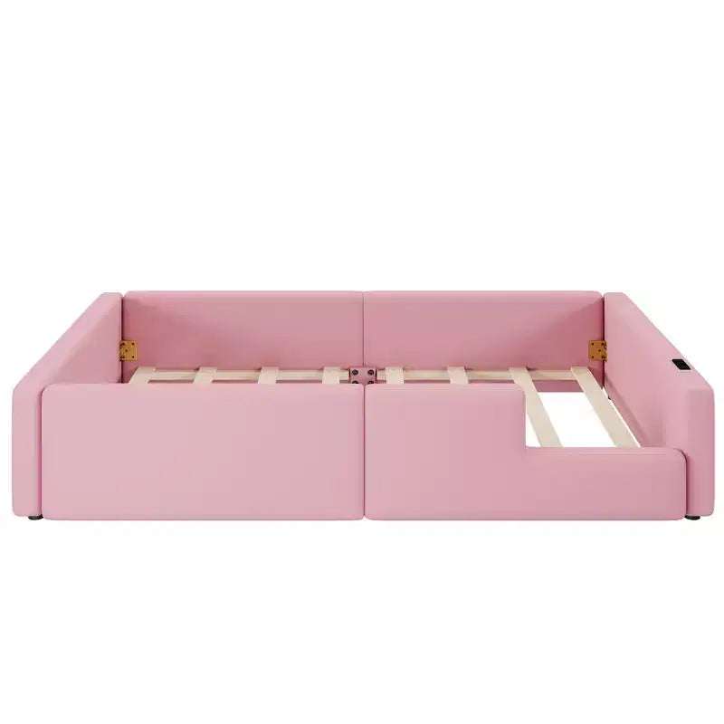 Lit plateforme jumeau rembourré rose/blanc avec garde-corps et station de recharge, 1 personne