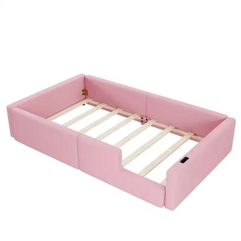 Lit plateforme jumeau rembourré rose/blanc avec garde-corps et station de recharge, 1 personne