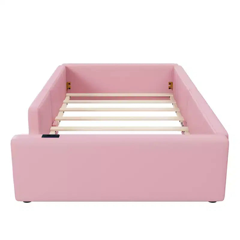 Lit plateforme jumeau rembourré rose/blanc avec garde-corps et station de recharge, 1 personne