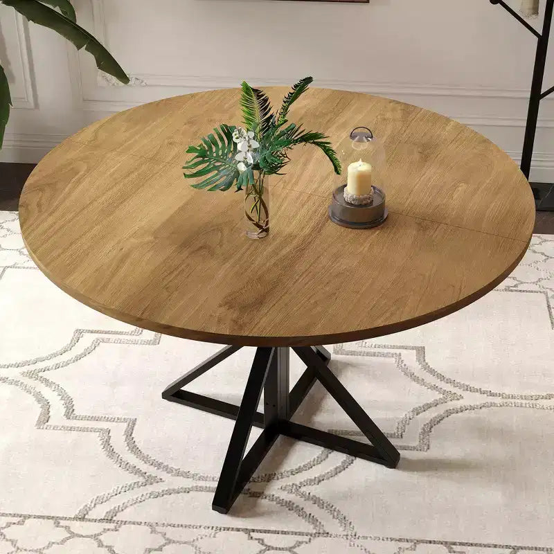 Table à manger ronde 47", piètement en fer noir, plateau noir/marron/bois, 4 places