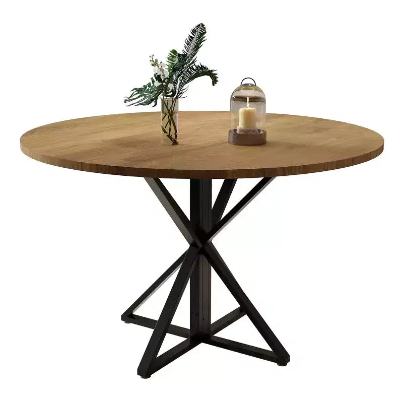 Table à manger ronde 47", piètement en fer noir, plateau noir/marron/bois, 4 places