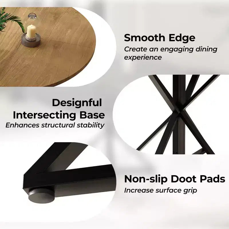 Table à manger ronde 47", piètement en fer noir, plateau noir/marron/bois, 4 places