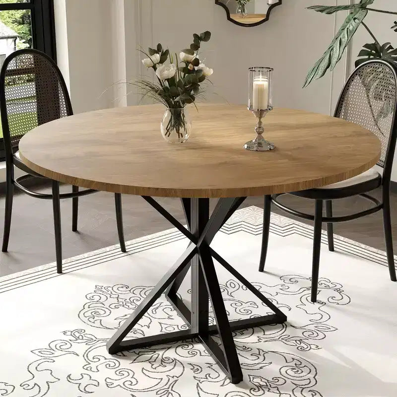 Table à manger ronde 47", piètement en fer noir, plateau noir/marron/bois, 4 places