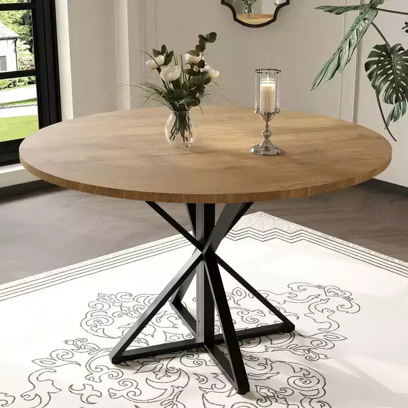 Table à manger ronde 47", piètement en fer noir, plateau noir/marron/bois, 4 places