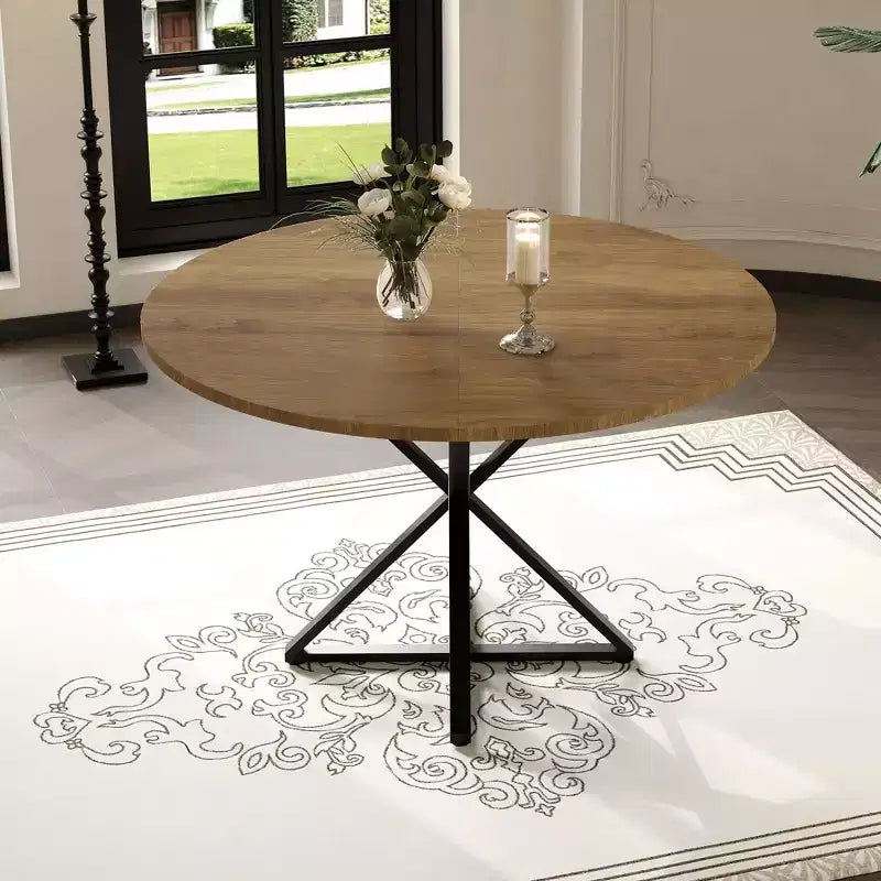 Table à manger ronde 47", piètement en fer noir, plateau noir/marron/bois, 4 places