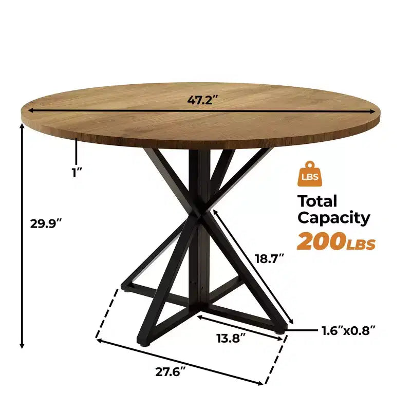 Table à manger ronde 47", piètement en fer noir, plateau noir/marron/bois, 4 places