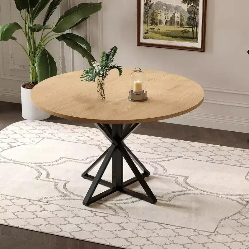 Table à manger ronde 47", piètement en fer noir, plateau noir/marron/bois, 4 places