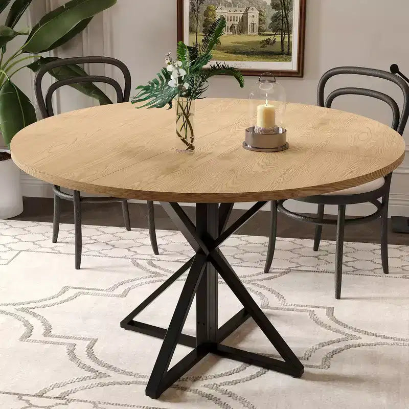 Table à manger ronde 47", piètement en fer noir, plateau noir/marron/bois, 4 places